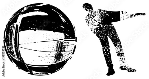 Vector illustration of bowling ball with textured stripes and human figure in dynamic pose, halftone dot, graphic design, isolated cutout elements.