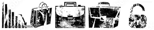 Distressed business symbols including briefcase, shopping bag, and padlock, vector graphics with gritty texture, ideal for finance or security themes.