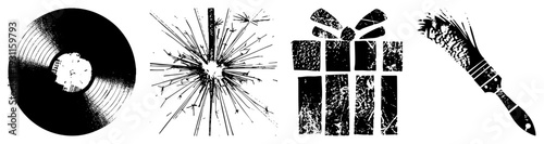Black and white vector vinyl disc, sparkler, wrapped present, artist brush. Grunge texture, halftone style, isolated graphic elements for design.