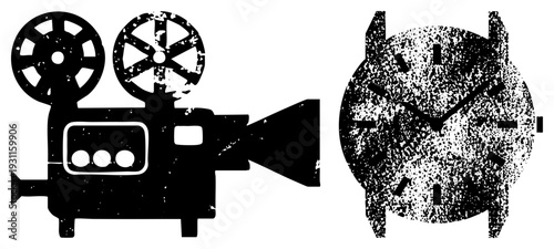 Classic movie projector with reels and lens, analog wristwatch with speckled dial, retro cinema equipment, timepiece, black silhouette design.