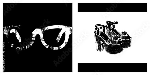 Retro sunglasses with halftone, platform sandals with straps, vector fashion, isolated graphic elements, trendy footwear and eyewear.
