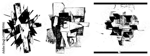 Dynamic vector abstract art featuring sharp geometric, halftone textures, and fragmented planes. Modern graphic design elements with stark contrast and angular forms.