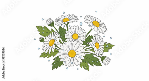 Elegant botanical artwork featuring a cheerful arrangement of white marguerite daisies, their yellow centers glowing amidst fresh green leaves and tiny water droplets, evoking spring freshness