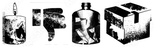 Black and white halftone forming abstract forms, vector graphic with textured dots, isolated design elements, modern art style, graphic illustration.