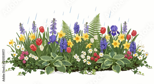Vibrant spring flower bed bursting with colorful tulips, daffodils, hyacinths, and ferns under a gentle spring rain shower