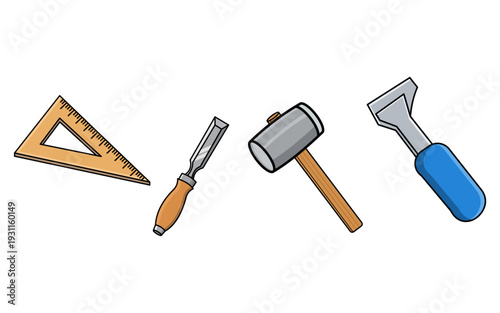 Cartoon Home Improvement Hand Tools Set on White Background