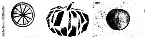 Graphic representations of citrus section and pumpkin with distressed textures, halftone, and bold geometric shapes. Perfect for Halloween or autumn themed design projects.