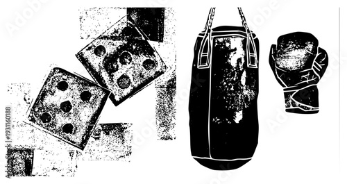 Classic boxing equipment including worn punching bag, leather gloves, and dice, rendered in gritty halftone, ideal for gym, sports, or retro design projects.