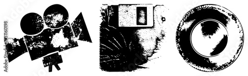 Retro rendered in halftone texture, film camera lens, floppy diskette, vinyl record stylus, analog tech symbols, vector graphic elements.