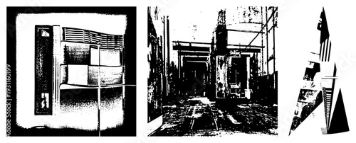 Stark black and white halftone renderings of urban decay, modernist buildings, and fragmented geometric shapes, evoking gritty street scenes and minimalist abstraction.