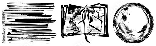 Rough, hand drawn grunge elements featuring scribbled, fragmented shapes, and smudged circular forms, ideal for artistic or distressed design accents.