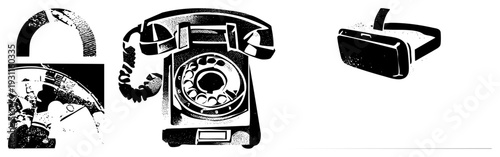 Classic rotary telephone, antique padlock, modern VR headset isolated vector, halftone style, tech & security symbols, digital and analog contrast.