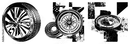 Classic car wheel, antique compass, casino roulette wheel, isolated vector, halftone style, travel and gambling symbols, design.