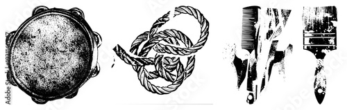Black and white halftone vector tambourine, rope knot, comb, paintbrush. Artistic art, isolated objects, graphic design elements, creative tools, studio supplies.