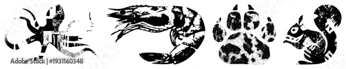 Graphic vector of octopus, shrimp, paw print, and squirrel in bold black with halftone textures, isolated cutout designs for branding or UI.