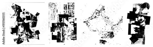 Fragmented black and white shapes with halftone texture, abstract composition, graphic design elements, vector art, digital collage, geometric abstraction, modern art motif.