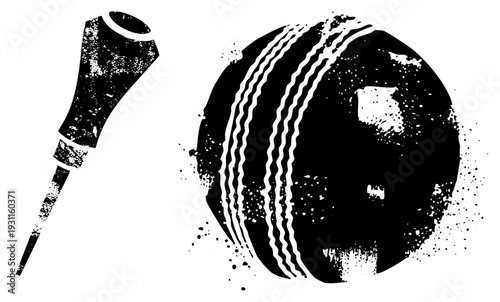 Cricket equipment featuring bat and ball with distressed texture, sport, athletic gear, stylized graphic, vintage print, game symbols.