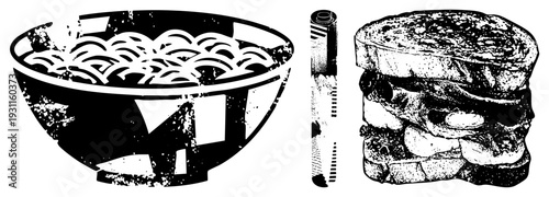 Vintage style ramen bowl with noodles and sandwich, halftone texture, food illustration, isolated graphic, design, vector art, culinary.