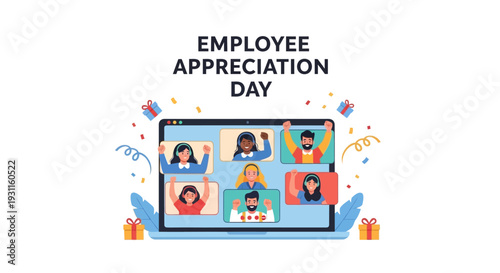 A colorful illustration celebrating Employee Appreciation Day with a laptop showing diverse team members on video call surrounded by gifts and confetti on a white background.