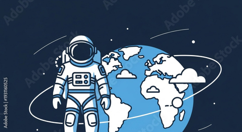 Astronaut in space suit floating near earth globe with orbiting trajectory lines in dark blue background