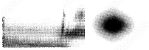 Black and white halftone forming abstract gradients, dot density variation, graphic design elements, vector art, minimalist composition, visual texture, typographic background.