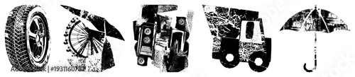 Black and white halftone vector collage featuring tire, ferris wheel, phone, truck, umbrella stylized urban, graphic design elements, isolated foreground shapes.