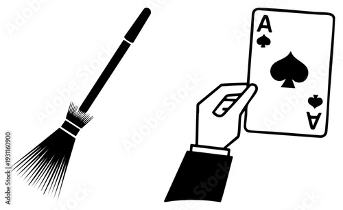 Magical broomstick and hand holding Ace of Spades card, witchcraft, card game symbol, illustration, occult element, magic wand, tarot.