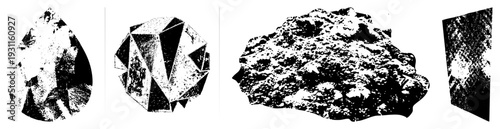 Stylized crystal shapes rendered in halftone, vector graphic with textured facets, isolated mineral fragments, polygonal structures, design.