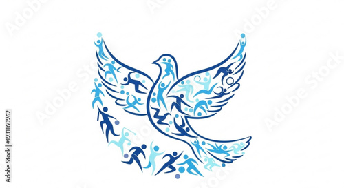 Peaceful dove with human silhouettes in blue hues symbolizing freedom and harmony in a stylized illustration