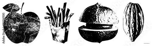 Black and white halftone graphic set of food items with leaf, french fries in box, sliced fig, cocoa pod. Vector illustration, isolated foreground, textured style.