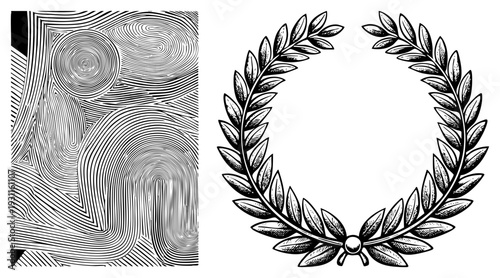 Geometric spiral with concentric, vintage laurel wreath symbol, engraved vector design, motif, black and white illustration.