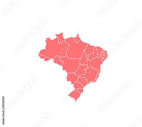 Outline map of Brazil featuring distinct internal boundaries representing all its major federative units clearly displayed in solid color.