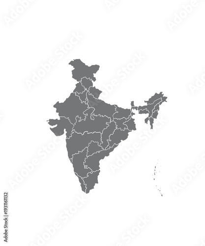 Greyscale vector map illustration of India, accurately depicting all individual states and union territories, providing a clear visual for geographical, educational, and political studies.