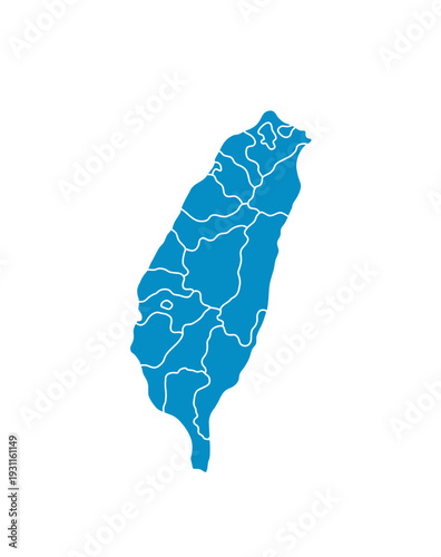 Detailed geographical map of Taiwan island in a vibrant blue color with clearly defined administrative regions against a clean white background, ideal for presentations.