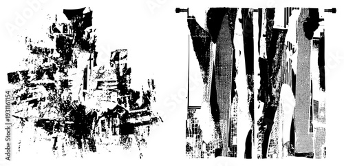 Stylized cityscape with fragmented buildings and vertical, halftone texture, graphic art, urban abstraction, architectural distortion.