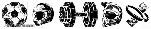 Graphic of soccer ball, motorcycle helmet, dumbbell, snowmobile helmet, and ring with texture, vector art, sport gear symbols.