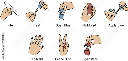 Nail Care and Manicure Step by Step Illustration, Applying Red and Blue Nail Polish, Beauty Routine Hand Care Vector Set