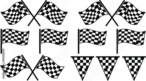 Racing Checkered Flag Icon Set, Motorsport Finish Line Symbols, Black and White Vector Illustration Collection for Auto Racing Events