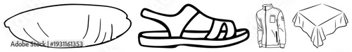 Simple black illustrations leaf, sandal, jacket, draped tablecloth. Flat vector, isolated elements, clean strokes, no shading.