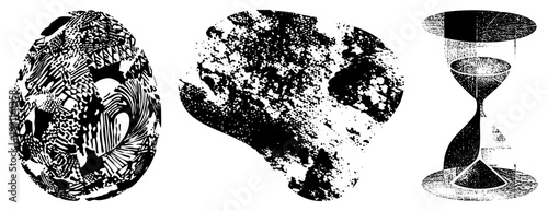 Three stylized abstract shapes rendered in halftone a complex orb, a speckled organic blob, and a dotted hourglass. Vector art with high contrast black and white textures.