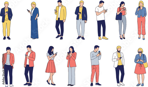 Large set of flat vector illustrations featuring diverse men and women characters standing and using their mobile phones for communication and social media.