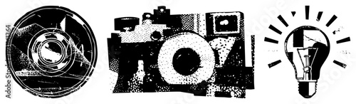 Halftone illustrated camera lens, retro film camera, glowing light bulb, graphic symbols, vector art, design, creative tools.