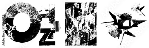 Stylized letterforms with distressed textures, fragmented shapes, bold strokes, graphic design elements, modern logo concepts.