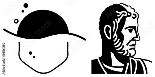 Classical Roman bust profile with stylized hair and beard, paired with minimalist baseball cap, both rendered as bold vector, contrasting eras in graphic design.