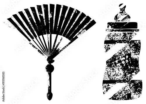 Black silhouette fan with bamboo style ribs and ornate handle, paired with distressed fire hydrant, both rendered in gritty halftone texture. Alternate paper cutout, stencil art.