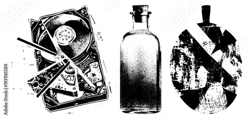 Digital data storage device, antique glass container, rustic pendant jewelry, vector halftone art, illustration, tech nostalgia, vintage design.