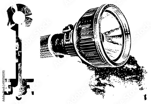 Old fashioned skeleton key beside worn gear wheel, retro industrial hardware, mechanical escapement, black and white vector illustration, engraved textures, aesthetic.