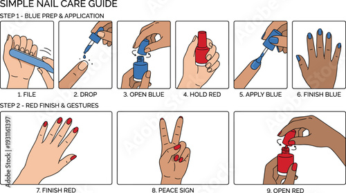 Simple Nail Care Guide Illustration, Step by Step Manicure Process with Blue and Red Nail Polish Application Vector Tutorial