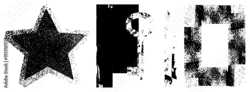 Distressed halftone star, vintage key symbol, pixelated square emblem all with gritty texture, ideal for retro UI, glitch art, or abstract design projects.