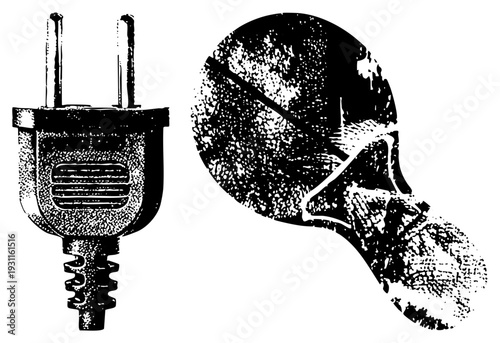 Retro style electrical plug and incandescent bulb, halftone vector graphic, isolated technical components, design, classic power elements.